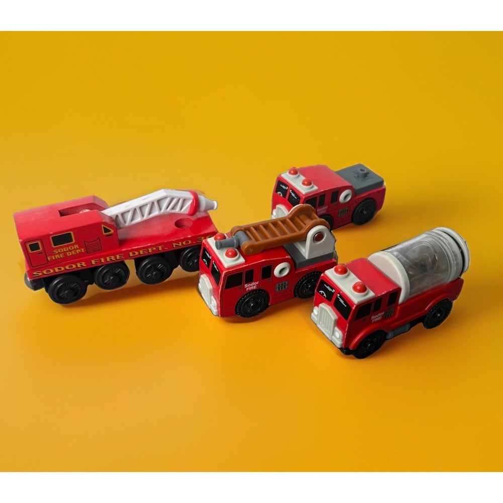⁠Vintage Lot 4 Thomas Wooden Railway FIRE TRAIN & (2) HOOK & LADDER WATER TANKER